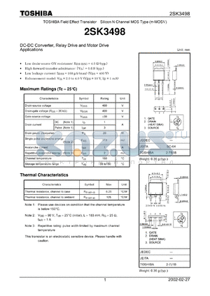 2SK3498 datasheet - DC-DC Converter, Relay Drive and Motor Drive Applications