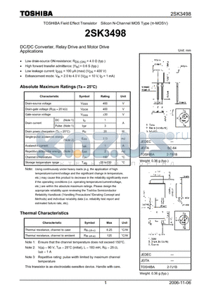 2SK3498 datasheet - Silicon N-Channel MOS Type DC/DC Converter, Relay Drive and Motor Drive Applications