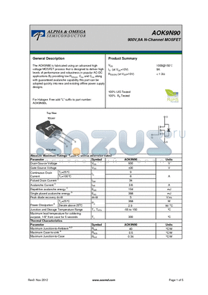 AOK9N90 datasheet - 900V,9A N-Channel MOSFET