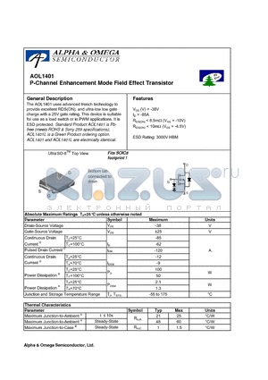 AOL1401 datasheet - P-Channel Enhancement Mode Field Effect Transistor