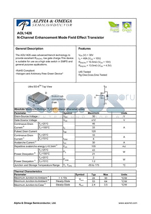 AOL1426 datasheet - N-Channel Enhancement Mode Field Effect Transistor