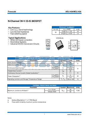 AOL1426 datasheet - N-Channel 30-V (D-S) MOSFET White LED boost converters