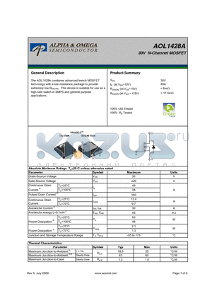 AOL1428A datasheet - 30V N-Channel MOSFET