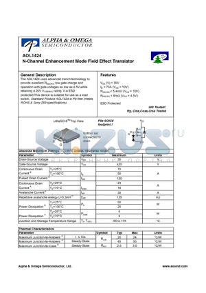 AOL1424 datasheet - N-Channel Enhancement Mode Field Effect Transistor