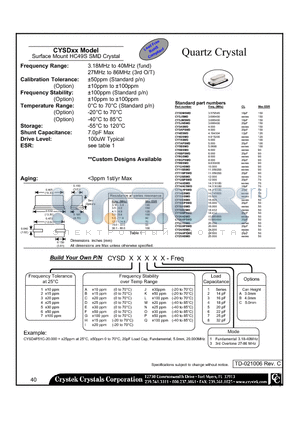 CYSD1A2A20.000 datasheet - Quartz Crystal Surface Mount HC49S SMD Crystal