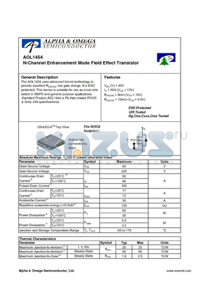 AOL1454 datasheet - N-Channel Enhancement Mode Field Effect Transistor