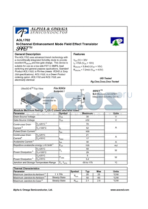 AOL1702 datasheet - N-Channel Enhancement Mode Field Effect Transistor