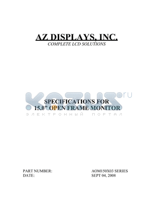 AOM150X03 datasheet - SPECIFICATIONS FOR 15.0 OPEN FRAME MONITOR