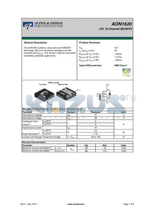 AON1620 datasheet - 12V N-Channel MOSFET