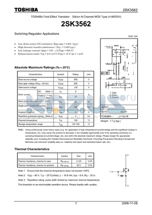 2SK3562 datasheet - Silicon N Channel MOS Type Switching Regulator Applications
