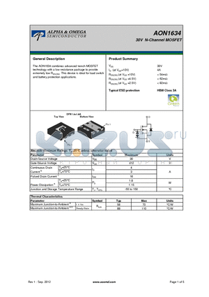 AON1634 datasheet - 30V N-Channel MOSFET