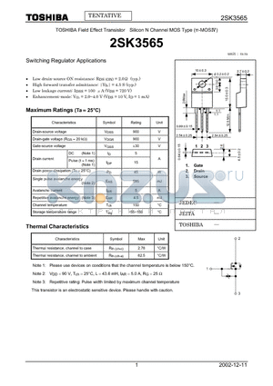 2SK3565 datasheet - TOSHIBA Field Effect Transistor Silicon N Channel MOS Type (PIE-MOS4)