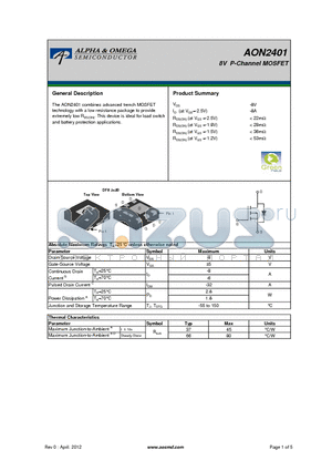 AON2401 datasheet - 8V P-Channel MOSFET