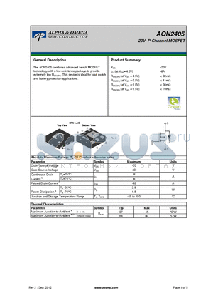 AON2405 datasheet - 20V P-Channel MOSFET