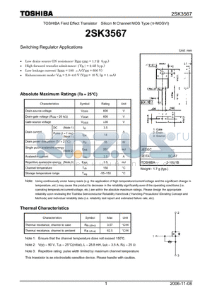 2SK3567 datasheet - Silicon N Channel MOS Type Switching Regulator Applications