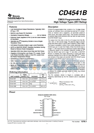 CD4541 datasheet - CMOS PROGRAMMABLE TIMER HIGH VOLTAGE TYPES(20V RATING)