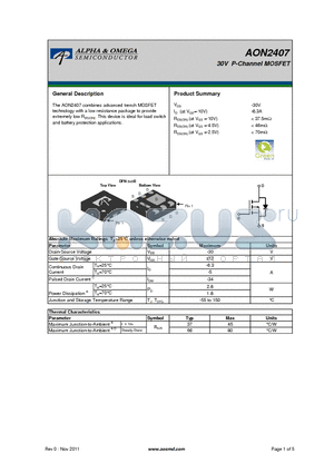 AON2407 datasheet - 30V P-Channel MOSFET