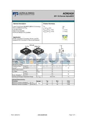 AON2420 datasheet - 30V N-Channel AlphaMOS