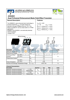 AON2801 datasheet - Dual P-Channel Enhancement Mode Field Effect Transistor