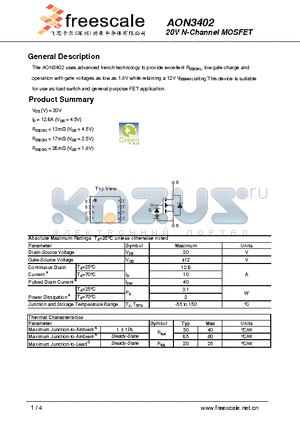 AON3402 datasheet - 20V N-Channel MOSFET