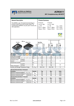 AON3611 datasheet - 30V Complementary MOSFET