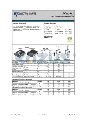 AON3613 datasheet - 30V Complementary MOSFET