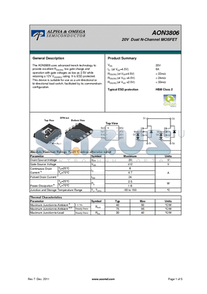 AON3806 datasheet - 20V Dual N-Channel MOSFET