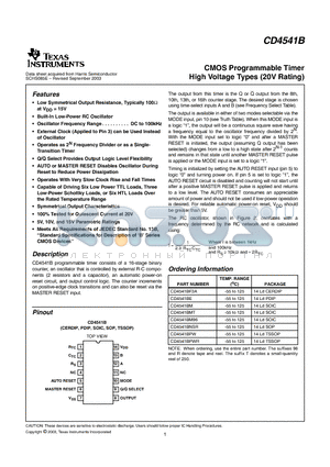 CD4541BEE4 datasheet - CMOS Programmable Timer High Voltage Types (20V Rating)