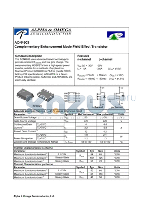 AON4603 datasheet - Complementary Enhancement Mode Field Effect Transistor