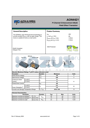 AON4421 datasheet - P-Channel Enhancement Mode Field Effect Transistor