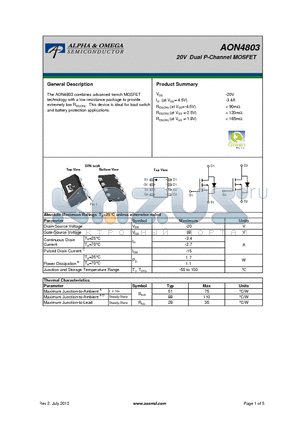 AON4803_12 datasheet - 20V Dual P-Channel MOSFET