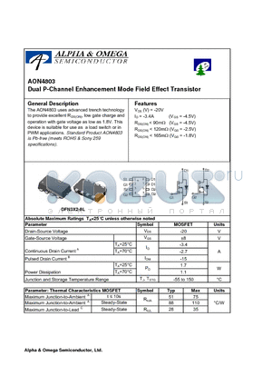 AON4803 datasheet - Dual P-Channel Enhancement Mode Field Effect Transistor