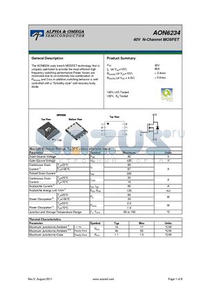 AON6234 datasheet - 40V N-Channel MOSFET