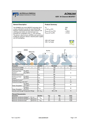 AON6290 datasheet - 100V N-Channel MOSFET