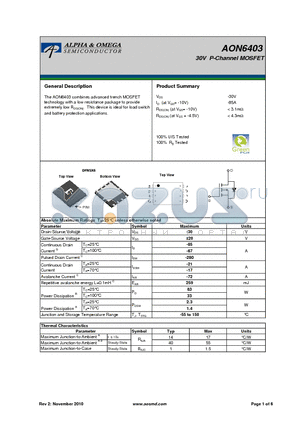 AON6403 datasheet - 30V P-Channel MOSFET