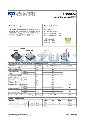 AON6404 datasheet - 30V N-Channel MOSFET