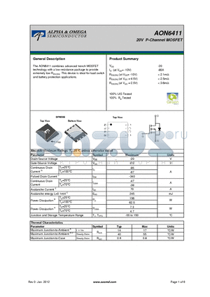 AON6411 datasheet - 20V P-Channel MOSFET