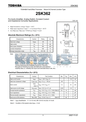 2SK362 datasheet - Silicon N Channel Junction Type For Audio Amplifier, Analog Switch, Constant Current and Impedance Converter Applications