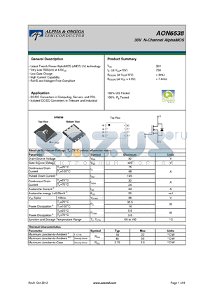 AON6538 datasheet - 30V N-Channel AlphaMOS