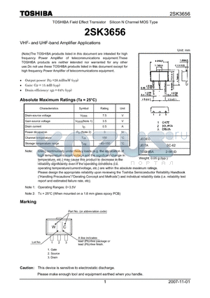 2SK3656 datasheet - Silicon N Channel MOS Type VHF- and UHF-band Amplifier Applications