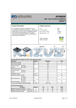 AON6850 datasheet - 100V Dual N-Channel MOSFET