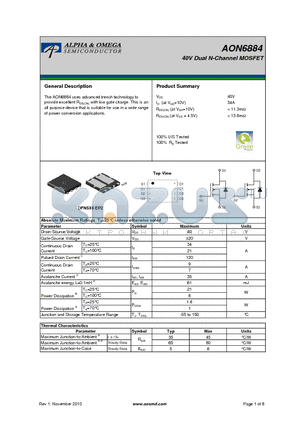 AON6884 datasheet - 40V Dual N-Channel MOSFET