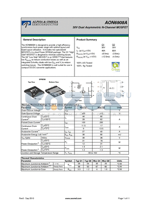 AON6908A datasheet - 30V Dual Asymmetric N-Channel MOSFET