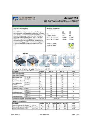 AON6910A datasheet - 30V Dual Asymmetric N-Channel MOSFET
