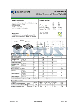 AON6934A datasheet - 30V Dual Asymmetric N-Channel AlphaMOS