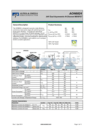 AON6924 datasheet - 30V Dual Asymmetric N-Channel MOSFET