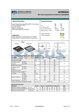 AON6938 datasheet - 30V Dual Asymmetric N-Channel AlphaMOS