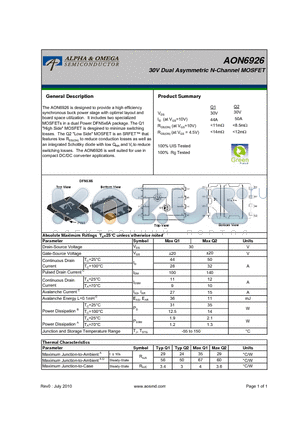 AON6926 datasheet - 30V Dual Asymmetric N-Channel MOSFET