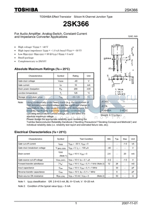 2SK366_07 datasheet - Silicon N Channel Junction Type For Audio Amplifier, Analog-Switch, Constant Current and Impedance Converter Applications