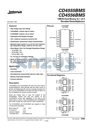 CD4555BMS datasheet - CMOS Dual Binary to 1 of 4 Decoder/Demultiplexers